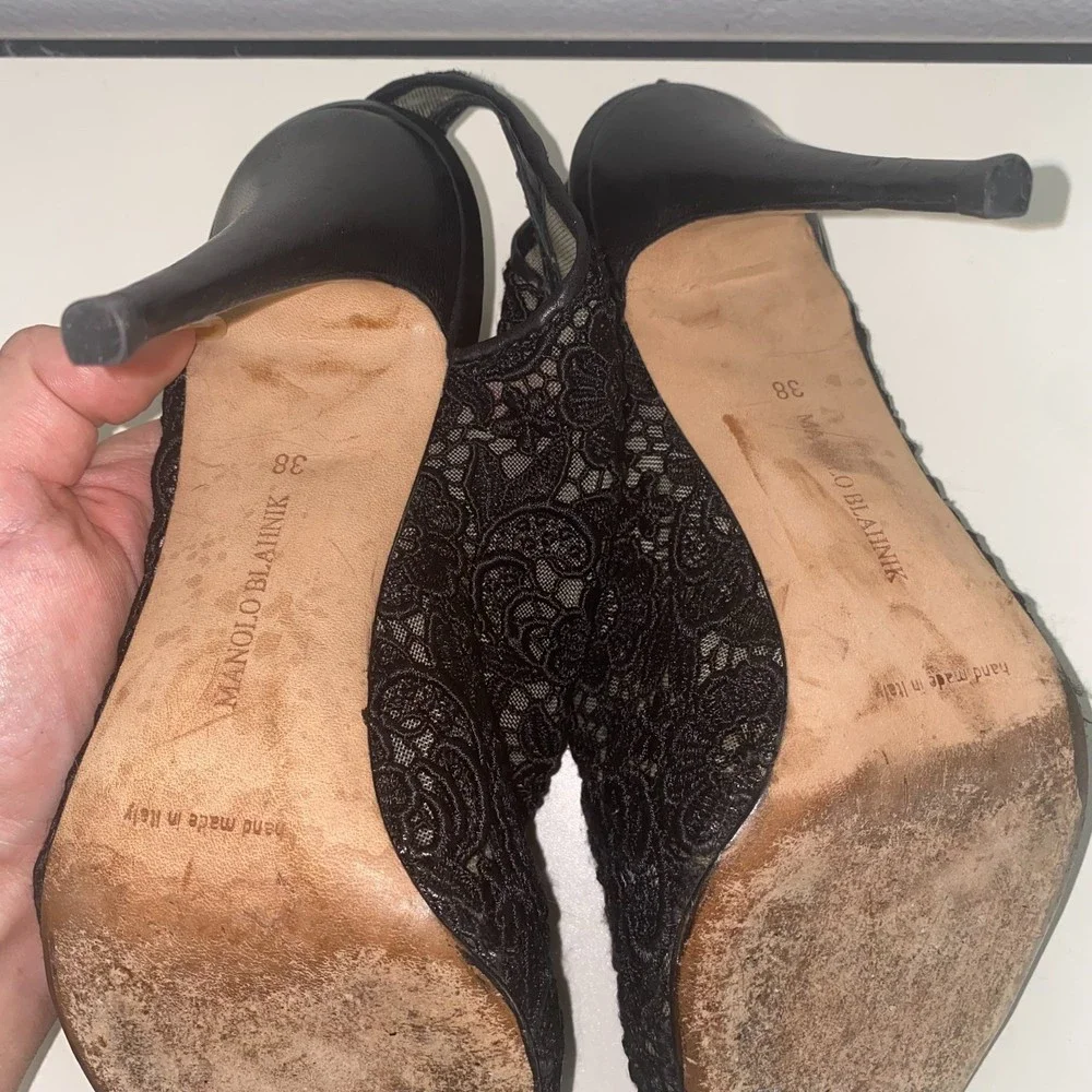 Manolo Blahnik Black Lace Leather High Heels 38 - Picture 8 of 10